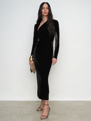 Reiss Black Kass Petite Velvet Sheer-Panel Cut-Out Midi Dress - Image 3 of 9