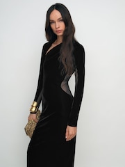 Reiss Black Kass Petite Velvet Sheer-Panel Cut-Out Midi Dress - Image 5 of 9