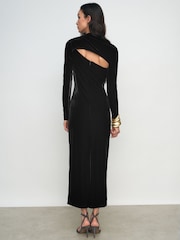 Reiss Black Kass Petite Velvet Sheer-Panel Cut-Out Midi Dress - Image 6 of 9
