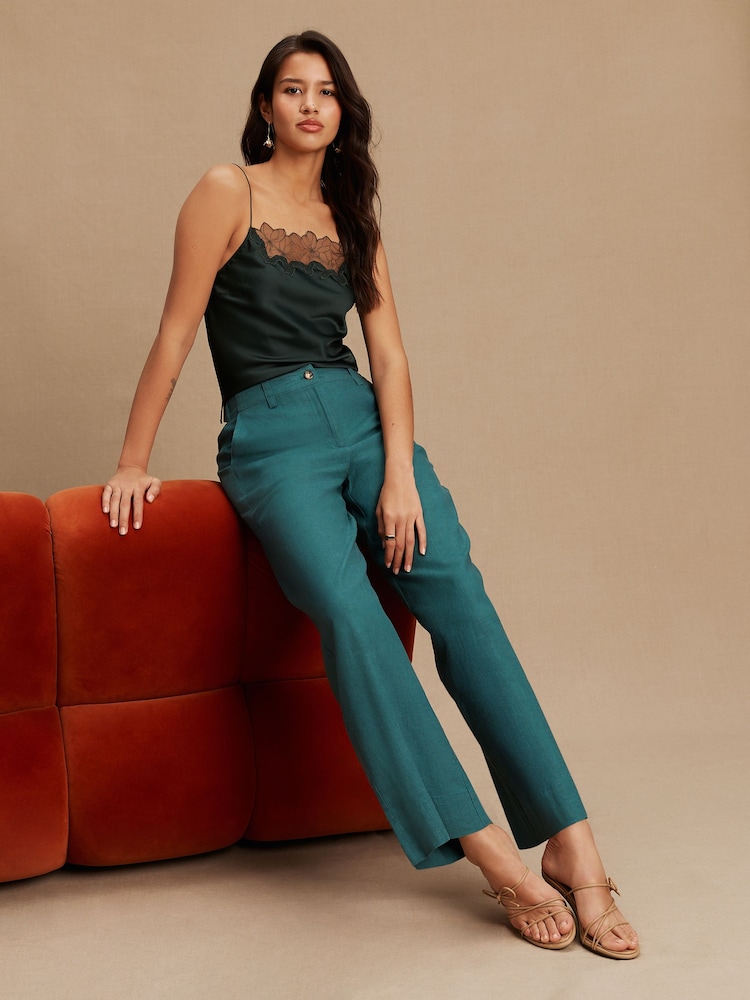 Teal Blue Smart Front Linen Blend Wide Leg Trousers - Image 1 of 8 Teal Blue Smart Front Linen Blend Wide Leg Trousers - Image 1 of 8