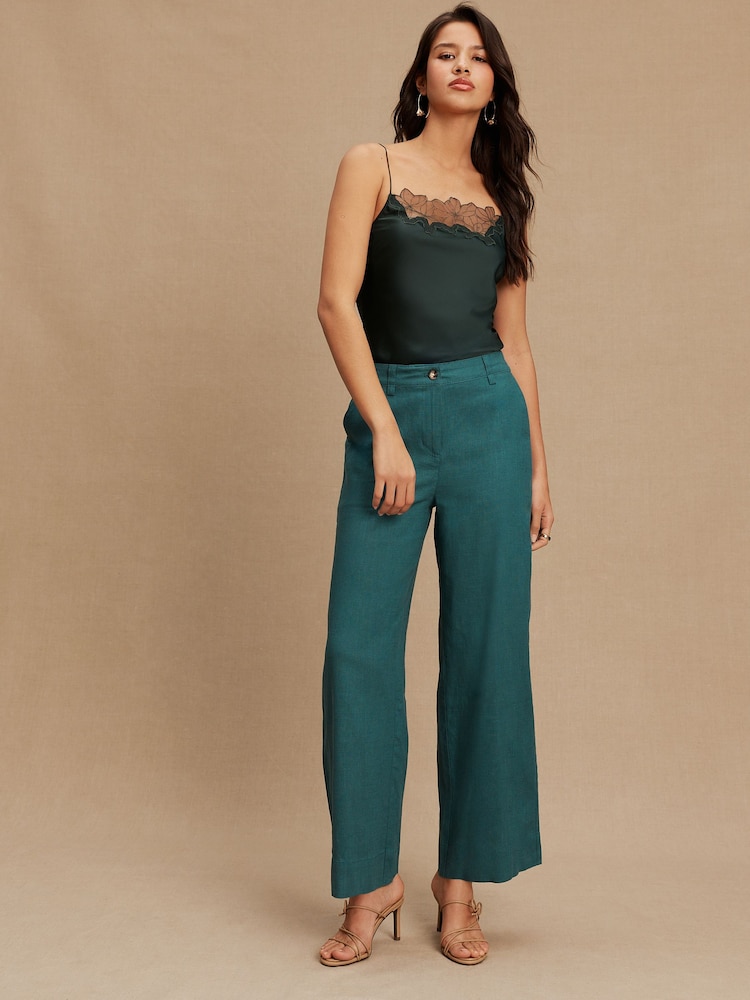 Teal Blue Smart Front Linen Blend Wide Leg Trousers - Image 2 of 8 Teal Blue Smart Front Linen Blend Wide Leg Trousers - Image 2 of 8