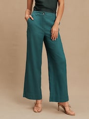 Teal Blue Smart Front Linen Blend Wide Leg Trousers - Image 4 of 8