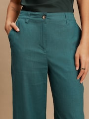 Teal Blue Smart Front Linen Blend Wide Leg Trousers - Image 5 of 8