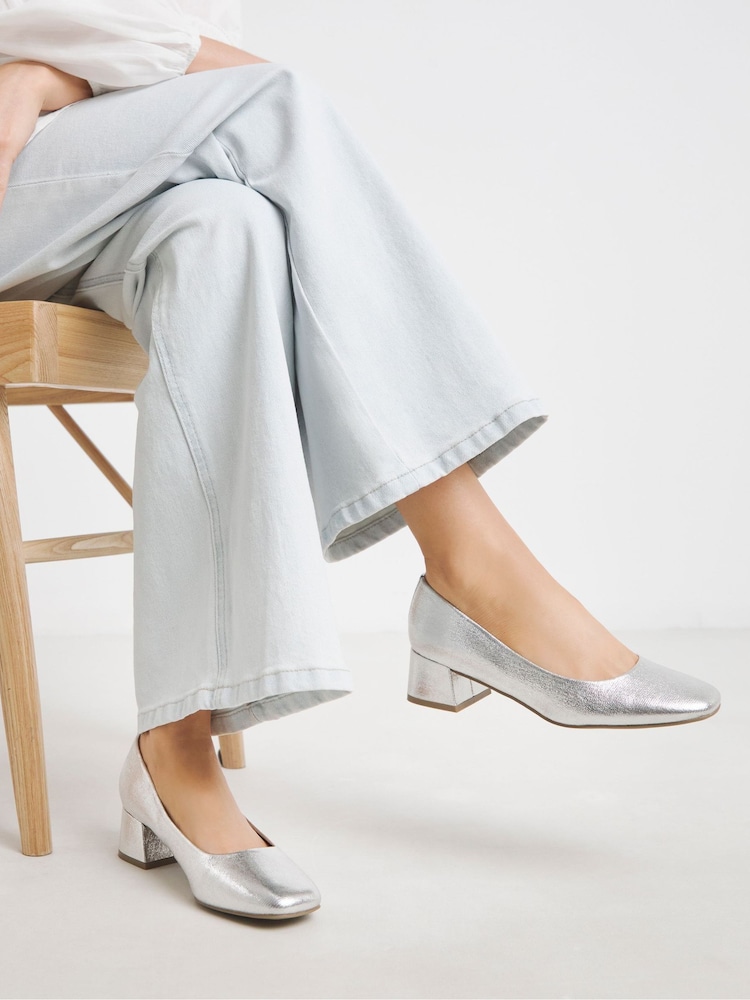 JD Williams Silver Wide Fit Heavenly Soles Low Block Heels Court Shoes - Image 1 of 4