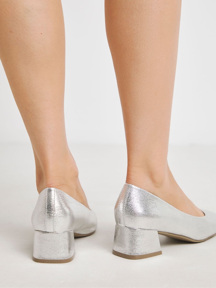 JD Williams Silver Wide Fit Heavenly Soles Low Block Heels Court Shoes - Image 2 of 4