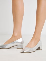 JD Williams Silver Wide Fit Heavenly Soles Low Block Heels Court Shoes - Image 4 of 4
