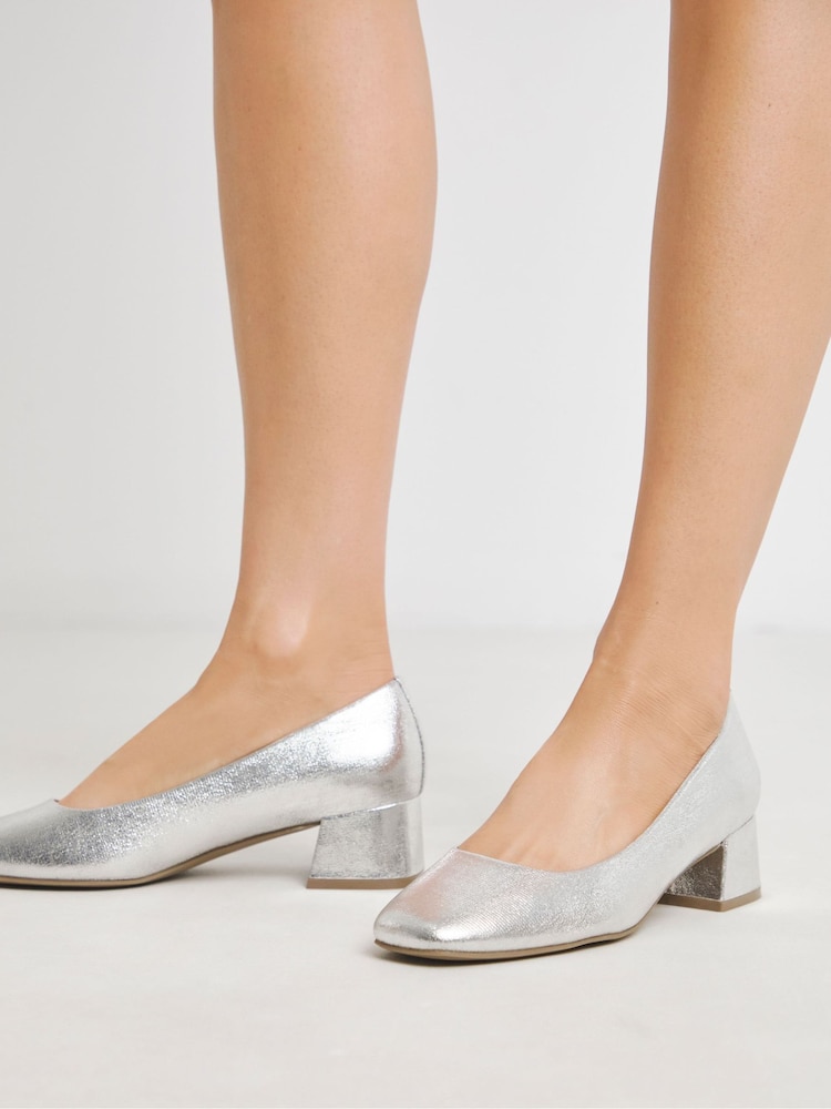 JD Williams Silver Wide Fit Heavenly Soles Low Block Heels Court Shoes - Image 4 of 4