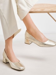 JD Williams Gold Wide Fit Heavenly Soles Low Block Heels Court Shoes - Image 1 of 4