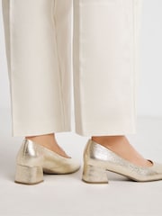 JD Williams Gold Wide Fit Heavenly Soles Low Block Heels Court Shoes - Image 2 of 4