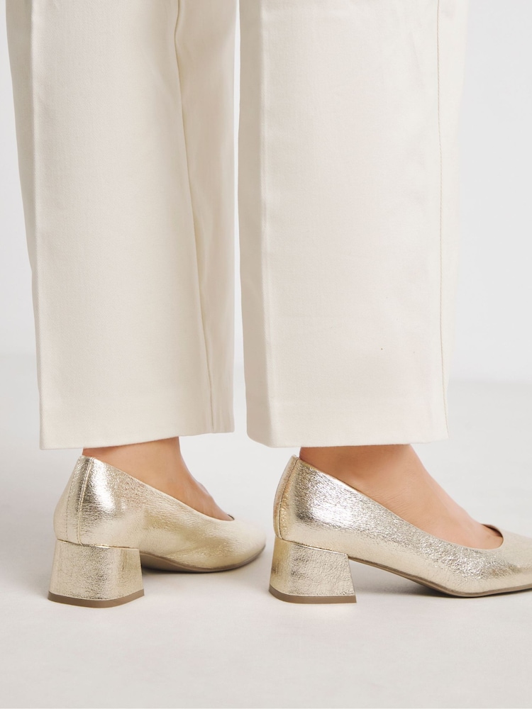 JD Williams Gold Wide Fit Heavenly Soles Low Block Heels Court Shoes - Image 2 of 4