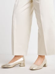 JD Williams Gold Wide Fit Heavenly Soles Low Block Heels Court Shoes - Image 4 of 4