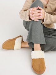 Simply Be Brown Wide Fit Faux Fur Lined Suede Mule Slippers - Image 1 of 4