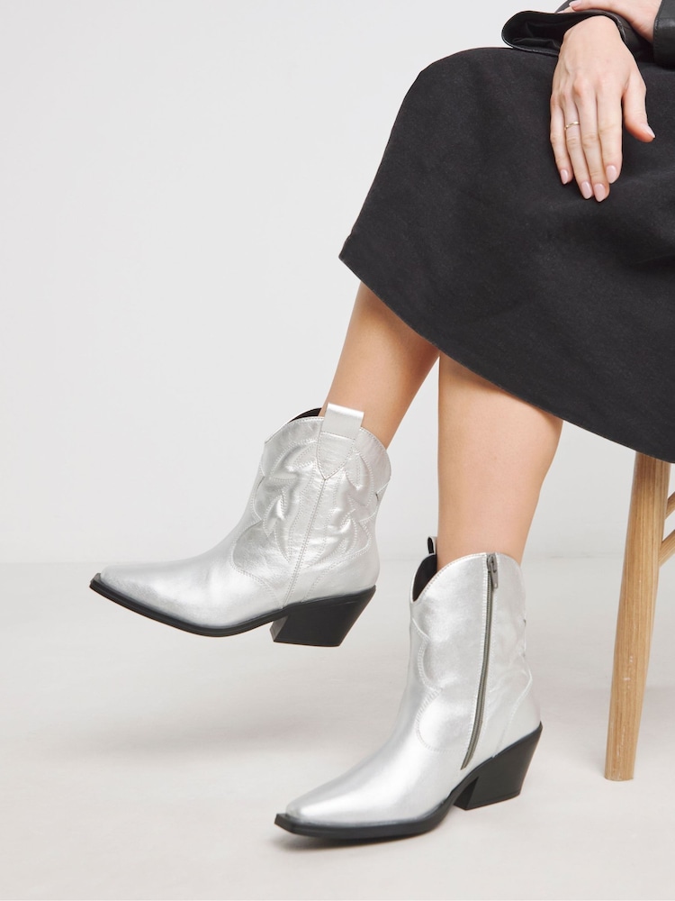 Simply Be Silver Wide Fit Embroidered Ankle Western Boots - Image 1 of 4