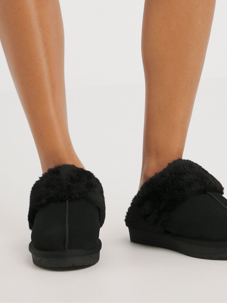 Simply Be Black Extra Wide Fit Faux Fur Lined Suede Mule Slippers - Image 2 of 4 Simply Be Black Extra Wide Fit Faux Fur Lined Suede Mule Slippers - Image 2 of 4