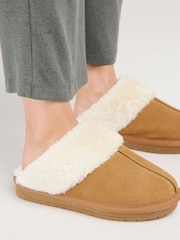 Simply Be Brown Extra Wide Fit Faux Fur Lined Suede Mule Slippers - Image 3 of 4