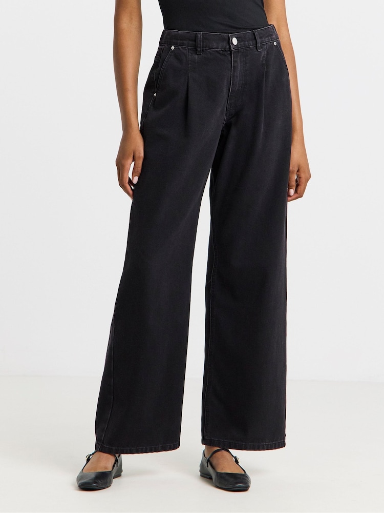 Simply Be Black Pleat Detail Wide Leg Jeans - Image 1 of 4