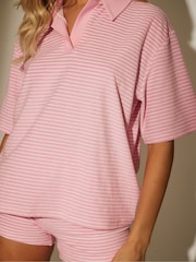 South Beach Pink Towelling Stripe Collared Short Sleeve Rugby Top - Image 3 of 4