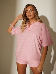 South Beach Pink Towelling Stripe Collared Short Sleeve Rugby Top - Image 4 of 4