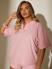 South Beach Pink Towelling Stripe Collared Short Sleeve Rugby Top - Image 5 of 6