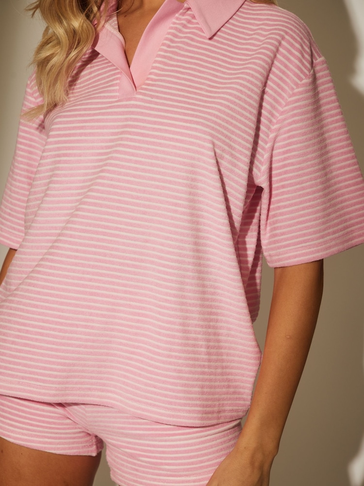 South Beach Pink Towelling Stripe Collared Short Sleeve Rugby Top - Image 6 of 6