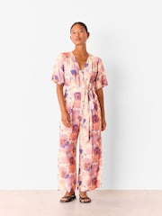 Whistles Pink Petite Floral Print Button Front Jumpsuit - Image 1 of 5