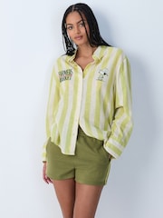 Snoopy Graphic Green Stripe Relaxed Long Sleeve Shirt With Linen - Image 1 of 9