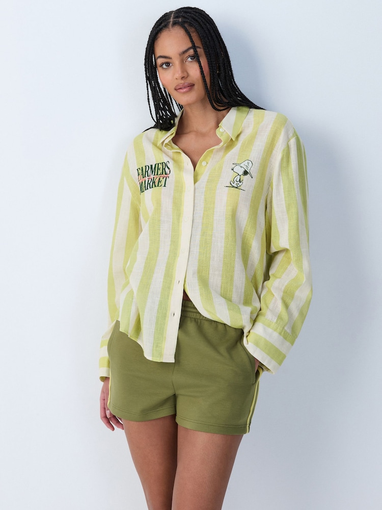 Snoopy Graphic Green Stripe Relaxed Long Sleeve Shirt With Linen - Image 1 of 9 Snoopy Graphic Green Stripe Relaxed Long Sleeve Shirt With Linen - Image 1 of 9