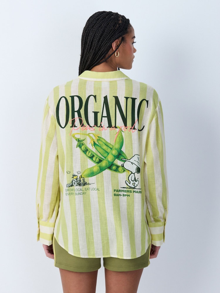 Snoopy Graphic Green Stripe Relaxed Long Sleeve Shirt With Linen - Image 2 of 9 Snoopy Graphic Green Stripe Relaxed Long Sleeve Shirt With Linen - Image 2 of 9