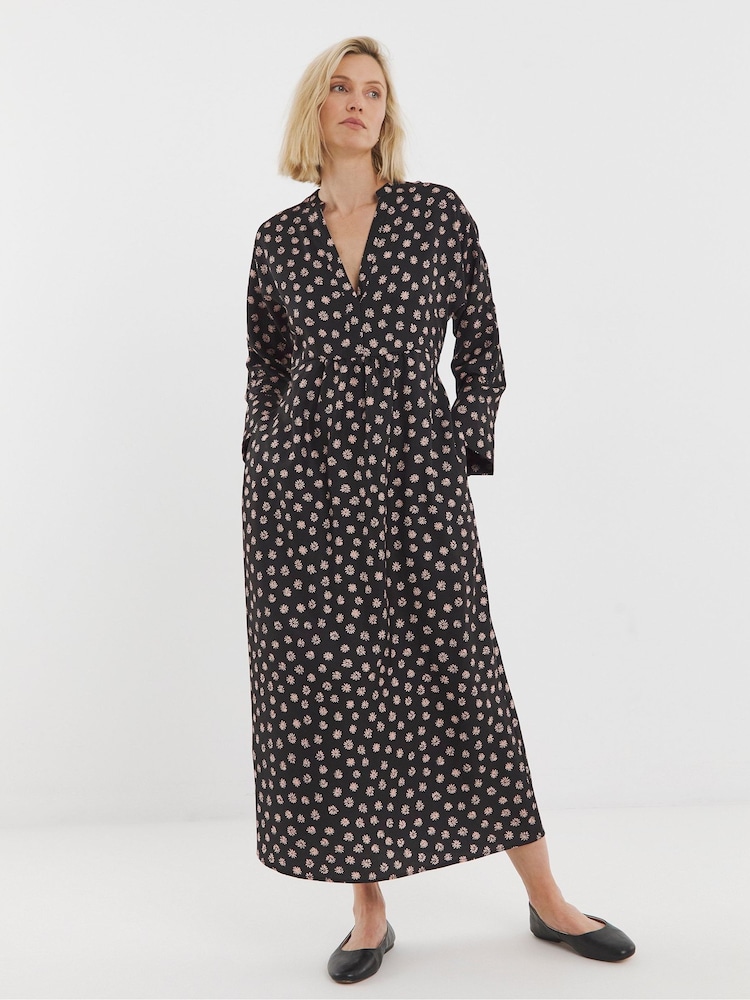 JD Williams Black Collarless Placket 3/4 Sleeve Smock Dress - Image 1 of 4