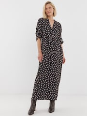 JD Williams Black Collarless Placket 3/4 Sleeve Smock Dress - Image 4 of 4