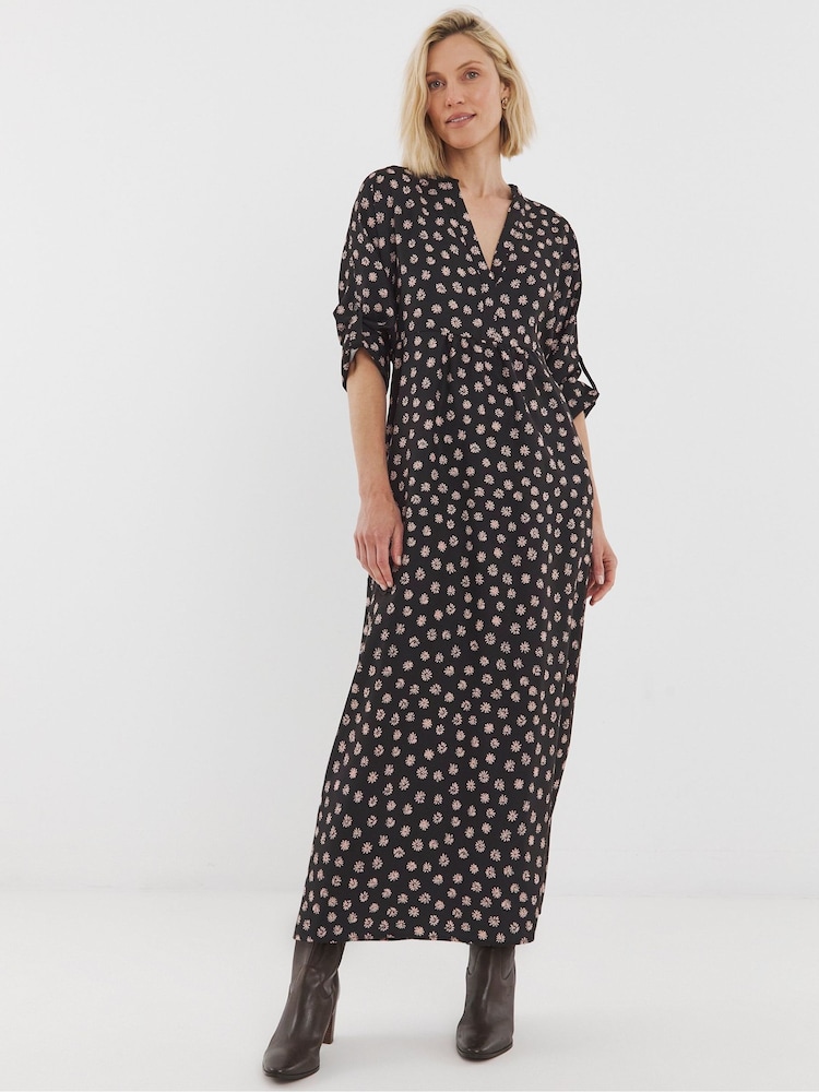 JD Williams Black Collarless Placket 3/4 Sleeve Smock Dress - Image 4 of 4