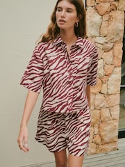 Red/Ecru Zebra Print N. Premium 100% Linen Short Sleeve Shirt - Image 1 of 7