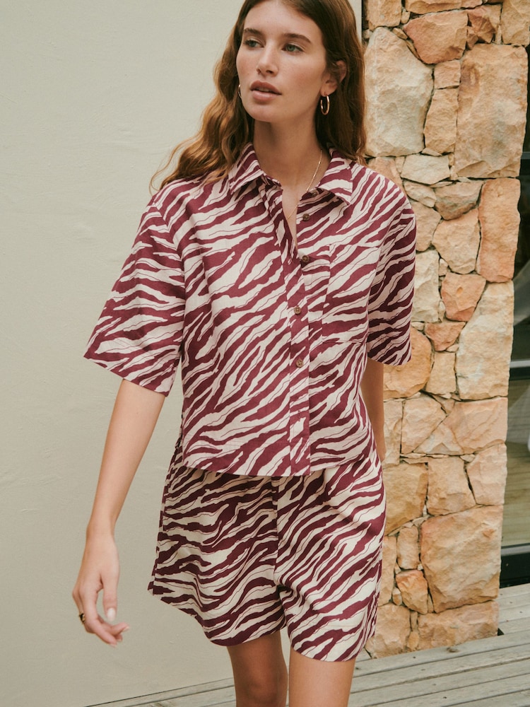 Red/Ecru Zebra Print N. Premium 100% Linen Short Sleeve Shirt - Image 1 of 7