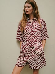 Red/Ecru Zebra Print N. Premium 100% Linen Short Sleeve Shirt - Image 2 of 7