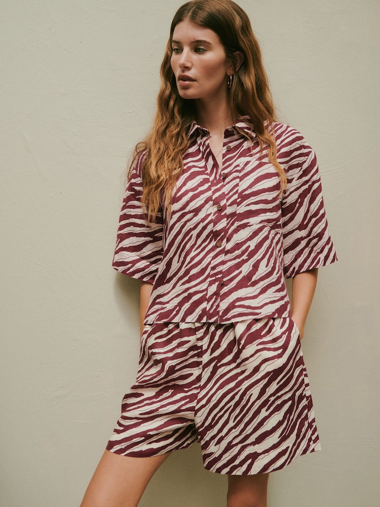 Red/Ecru Zebra Print N. Premium 100% Linen Short Sleeve Shirt - Image 2 of 7