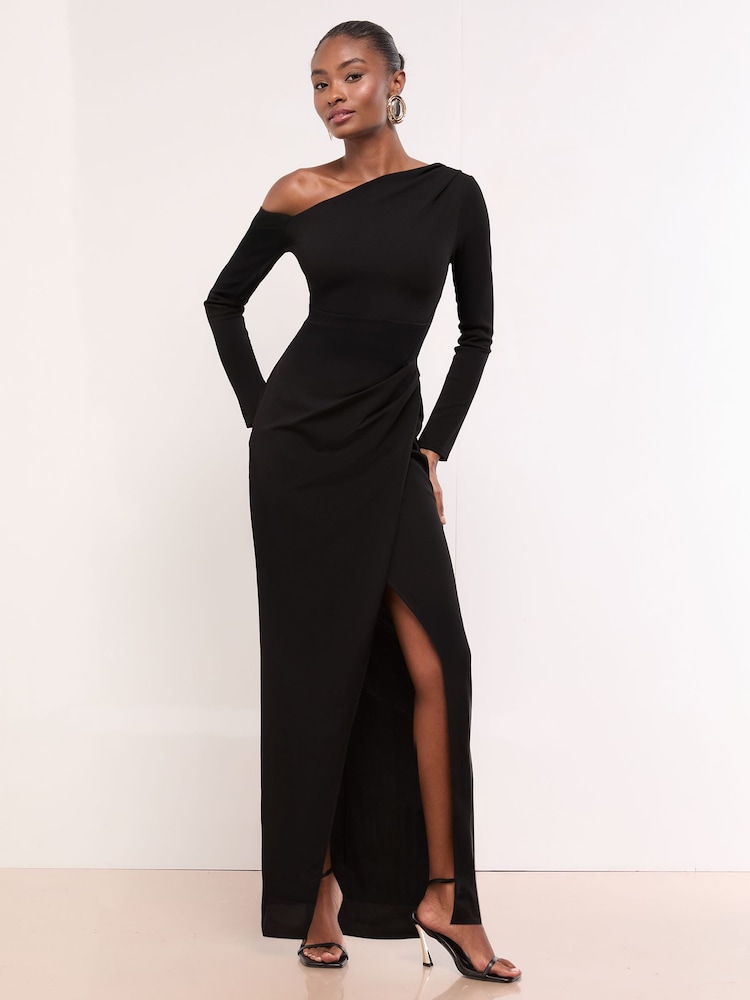 Negro - Lipsy Long Sleeve Off The Shoulder Gathered Waist Maxi Dress - Imagen 1 de 4