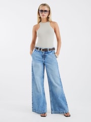 River Island Blue Petite Tailored Baggy Belted Jeans - Image 1 of 4