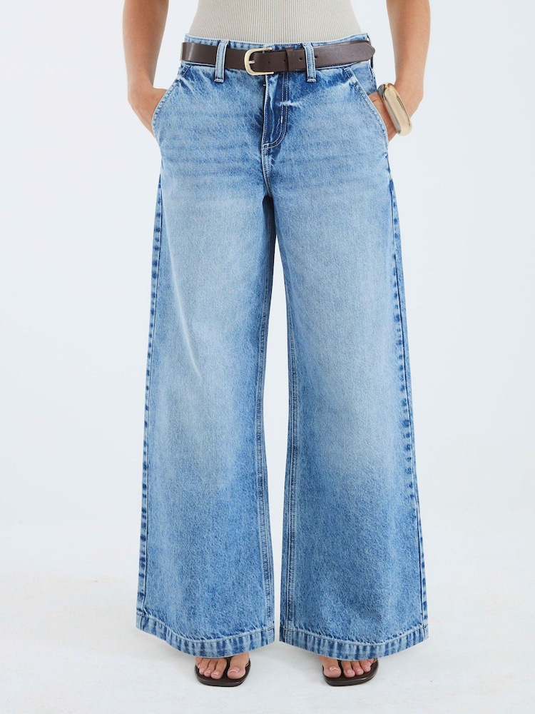 River Island Blue Petite Tailored Baggy Belted Jeans - Image 2 of 4 River Island Blue Petite Tailored Baggy Belted Jeans - Image 2 of 4