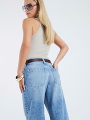 River Island Blue Petite Tailored Baggy Belted Jeans - Image 4 of 4