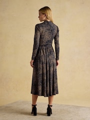 Joules Mina Navy Jersey Ruched Waist Long Sleeve V Neck Dress - Image 2 of 8