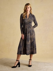 Joules Mina Navy Jersey Ruched Waist Long Sleeve V Neck Dress - Image 4 of 8