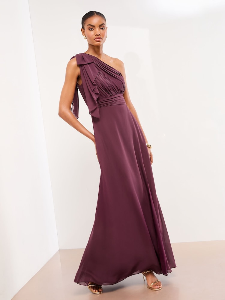 Lipsy Burgundy Red Petite Bow One Shoulder Maxi Wedding Bridesmaid Dress - Image 1 of 4 Lipsy Burgundy Red Petite Bow One Shoulder Maxi Wedding Bridesmaid Dress - Image 1 of 4