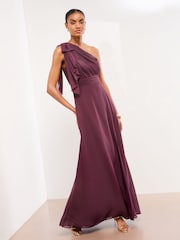 Lipsy Burgundy Red Bow One Shoulder Maxi Wedding Bridesmaid Dress - Image 1 of 4