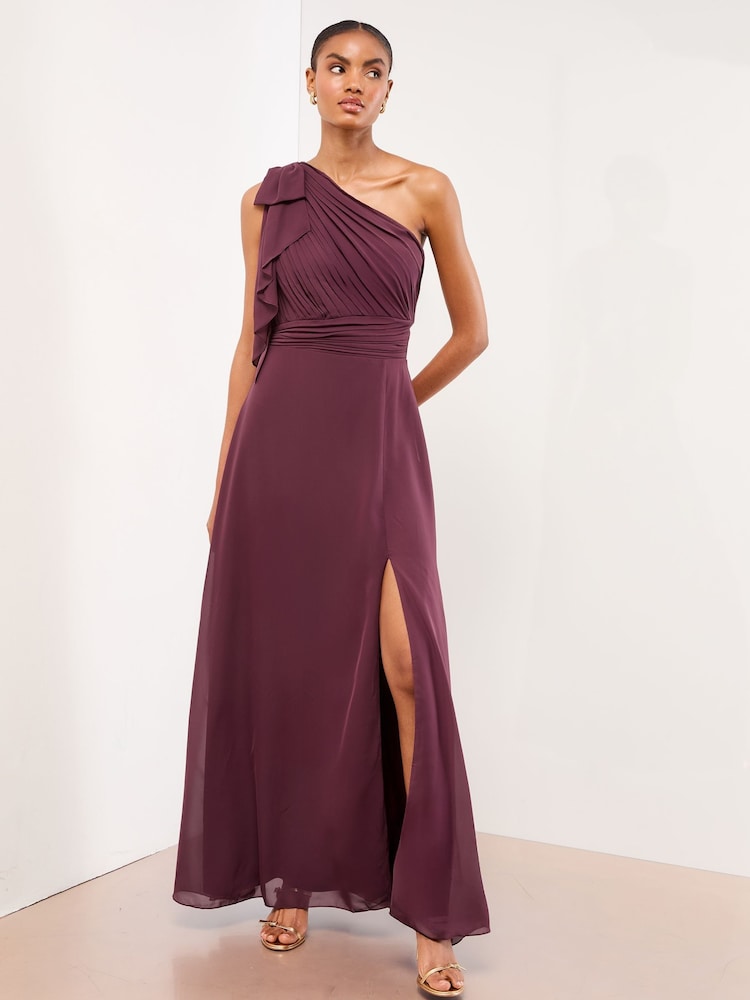 Lipsy Burgundy Red Bow One Shoulder Maxi Wedding Bridesmaid Dress - Image 2 of 4