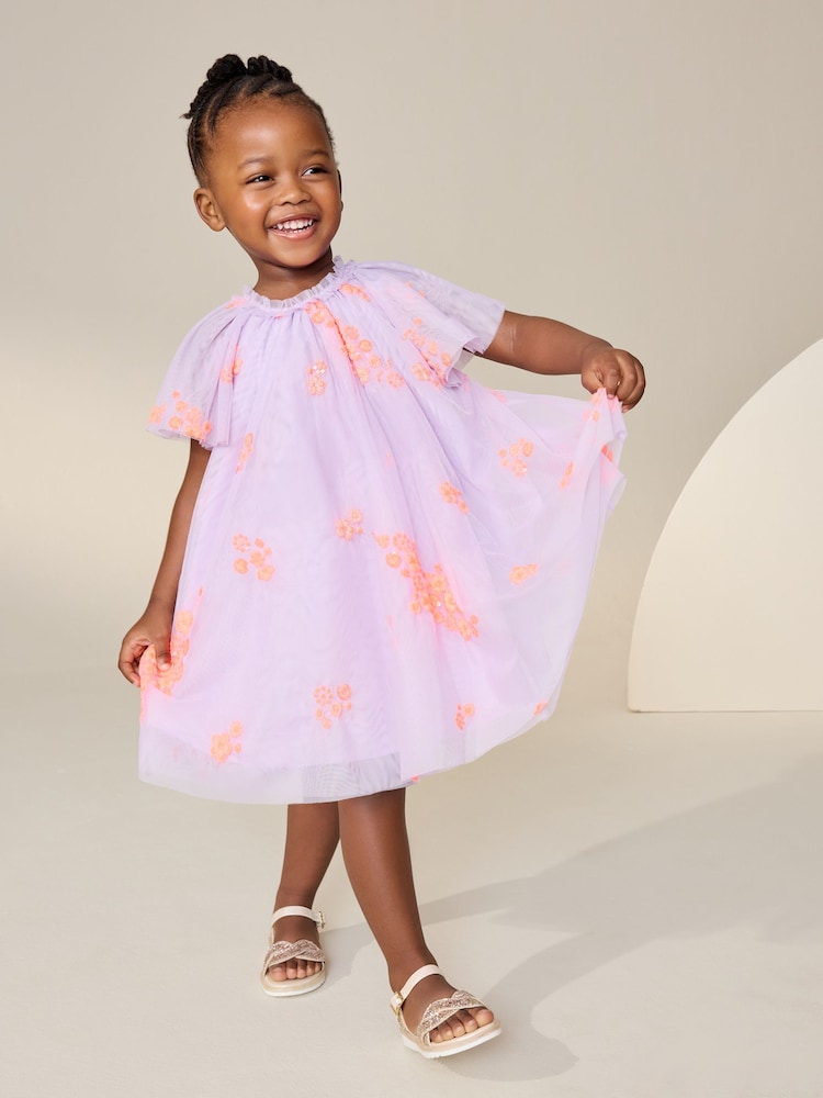 Lilac Fluro - Rochie din plasă cu mâneci tip aripă de înger (3luni-7ani) - Imaginea 2 din 8