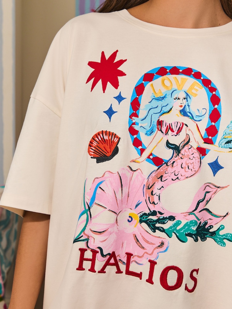 Eleanor Bowmer Cream/Red Embroidered T-Shirt & Short Pyjamas Set - Image 2 of 6