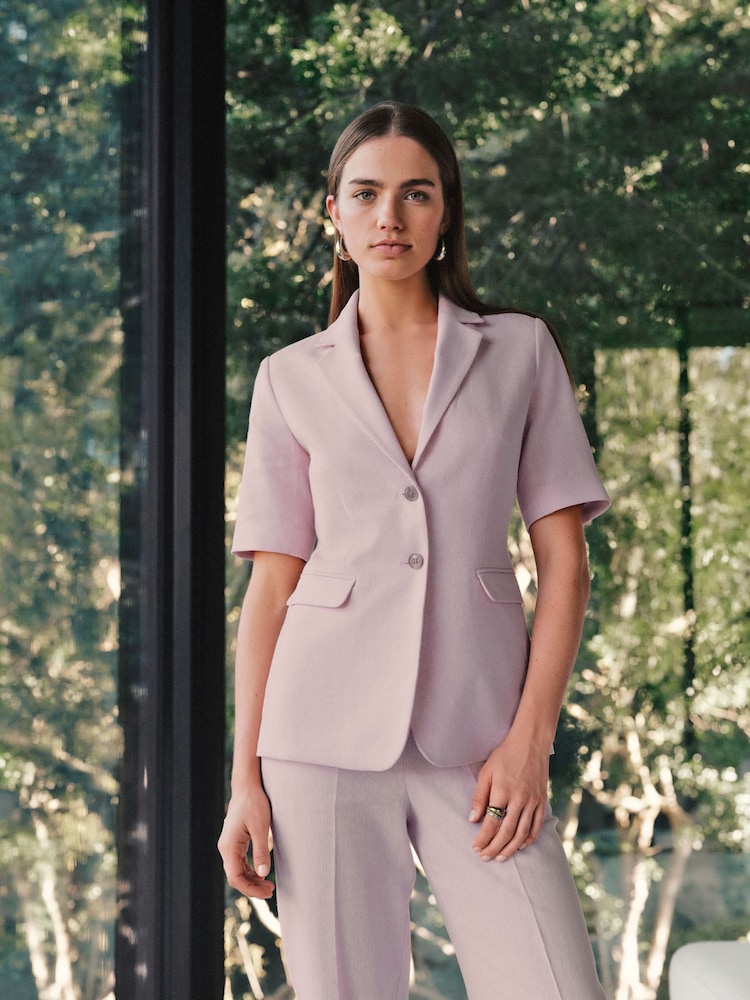 Кызгылт - Herringbone Linen Rich Short Sleeve Blazer - 4ичинен 1 сүрөт