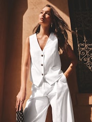 White Linen Rich V-Neck Waistcoat - Image 1 of 8