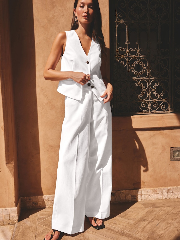 White Linen Rich V-Neck Waistcoat - Image 2 of 8
