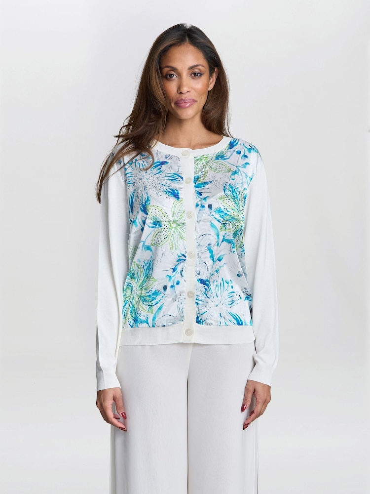 Gina Bacconi Vilma Floral Print Satin Front White Cardigan - Image 1 of 5 Gina Bacconi Vilma Floral Print Satin Front White Cardigan - Image 1 of 5